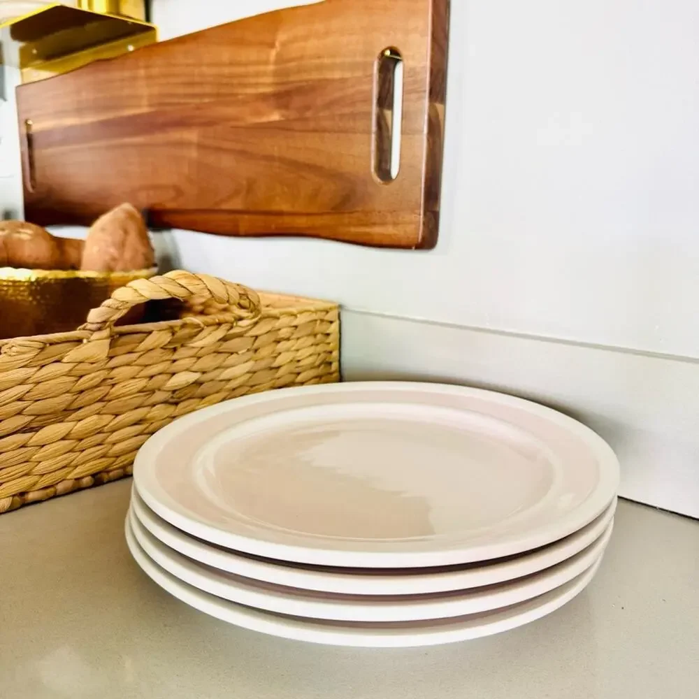 4 KATE SPADE LENOX Blush Pink Tan Sculpt Stripe Ceramic Gloss Dinner Plates Set